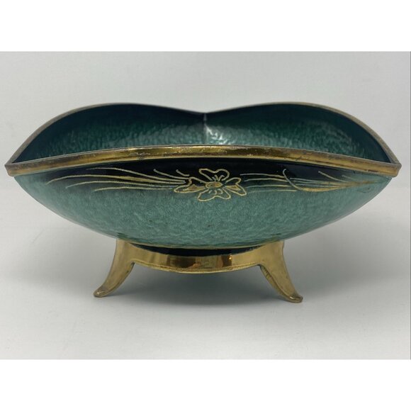 Vintage MCM Oppenheim Teal Green Enamel Triangular Footed Bowl Gold Brass Israel - Picture 2 of 9